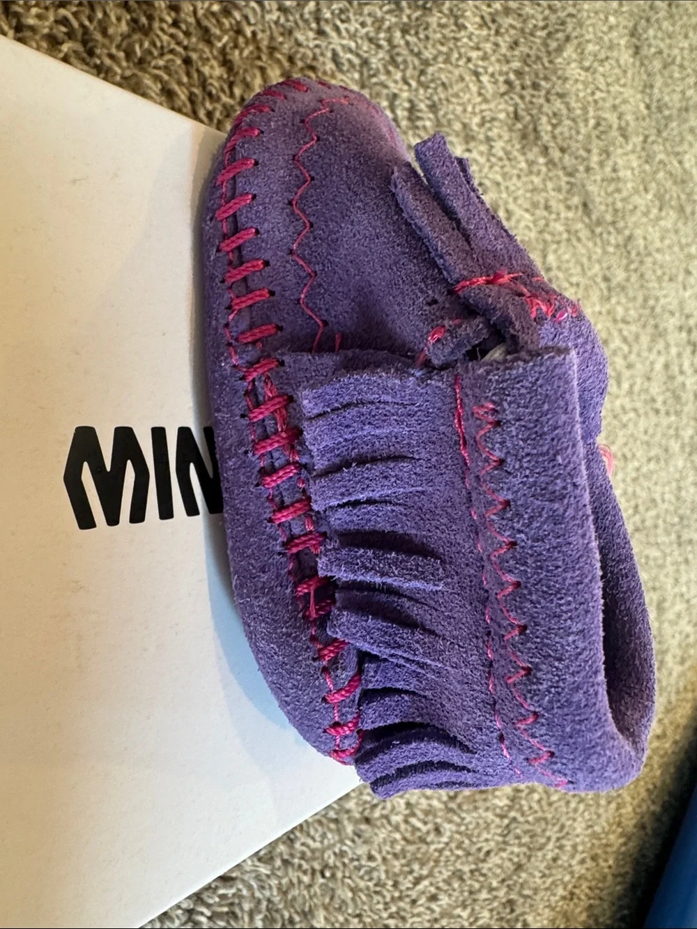 Minnetonka Purple Moccasin Baby Booties with Pink Stitching